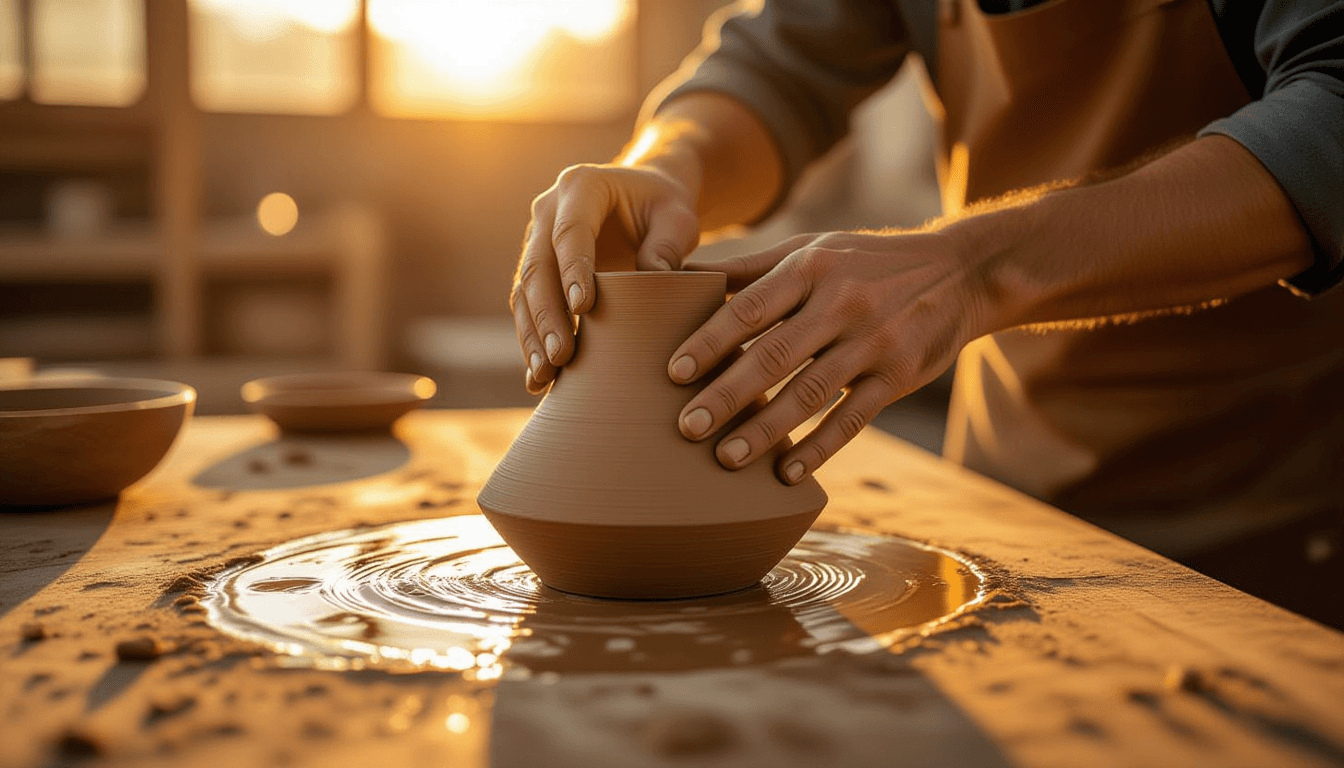 Golden hour light glints off wet clay as skilled hands gently invert a sculpted cone, smoothing the