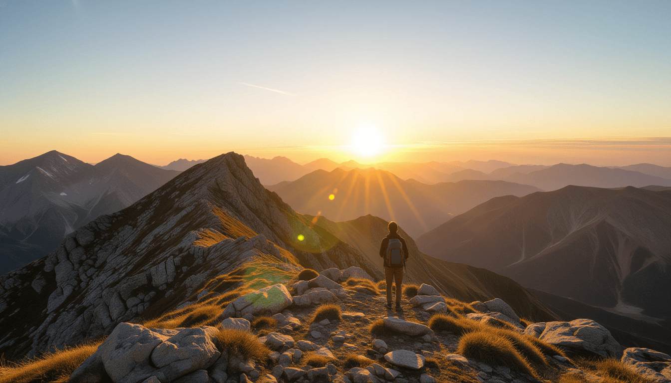 Golden hour light spills across a rugged mountain ridge, illuminating a lone hiker pausing to survey