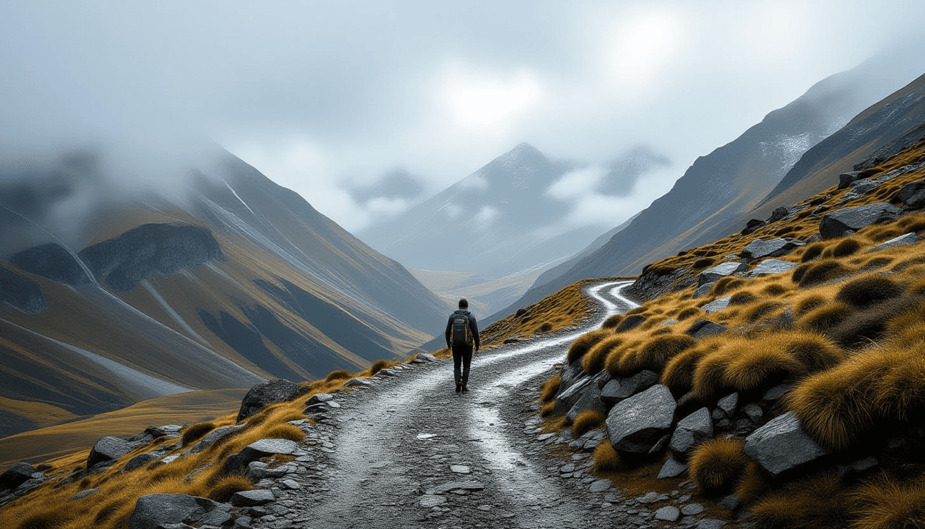 A winding mountain pass cuts through rugged terrain under overcast, diffused light. A lone figure na