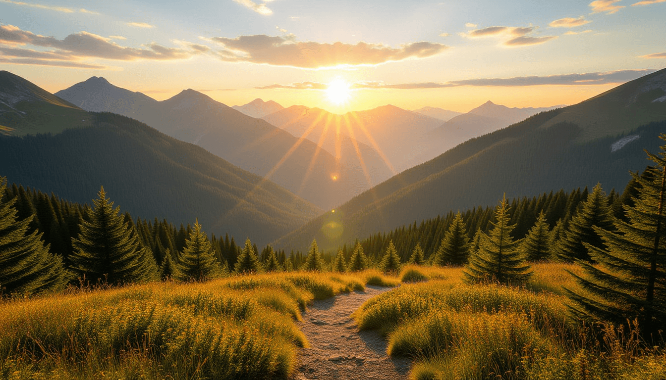 Golden hour sunlight cascades down a vast mountain ridge, illuminating a winding forest trail that d