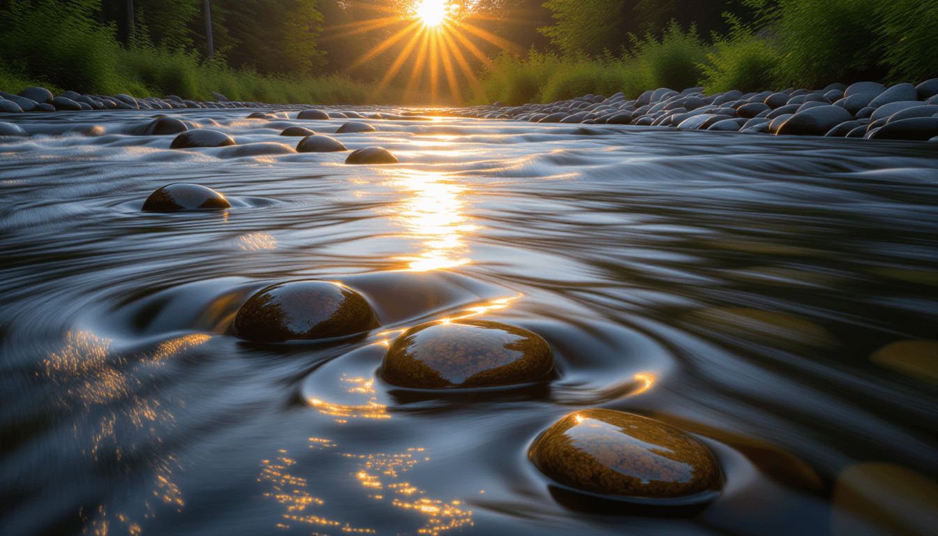 Golden hour light glints off a rushing river’s surface as smooth stones shift under the current’s re