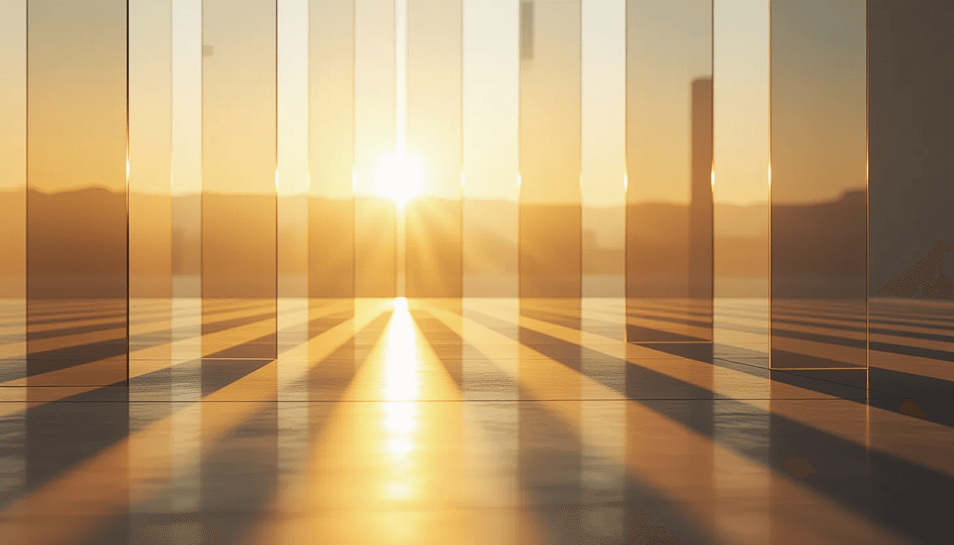 Golden hour light filters through layered translucent acrylic planes, creating a tessellated pattern