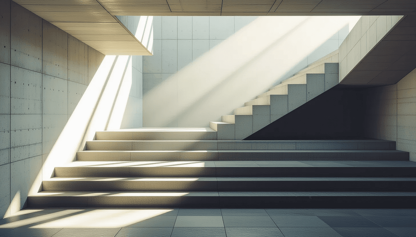 Sunlight slices through the stark concrete ribs of a brutalist staircase, casting long, geometric sh