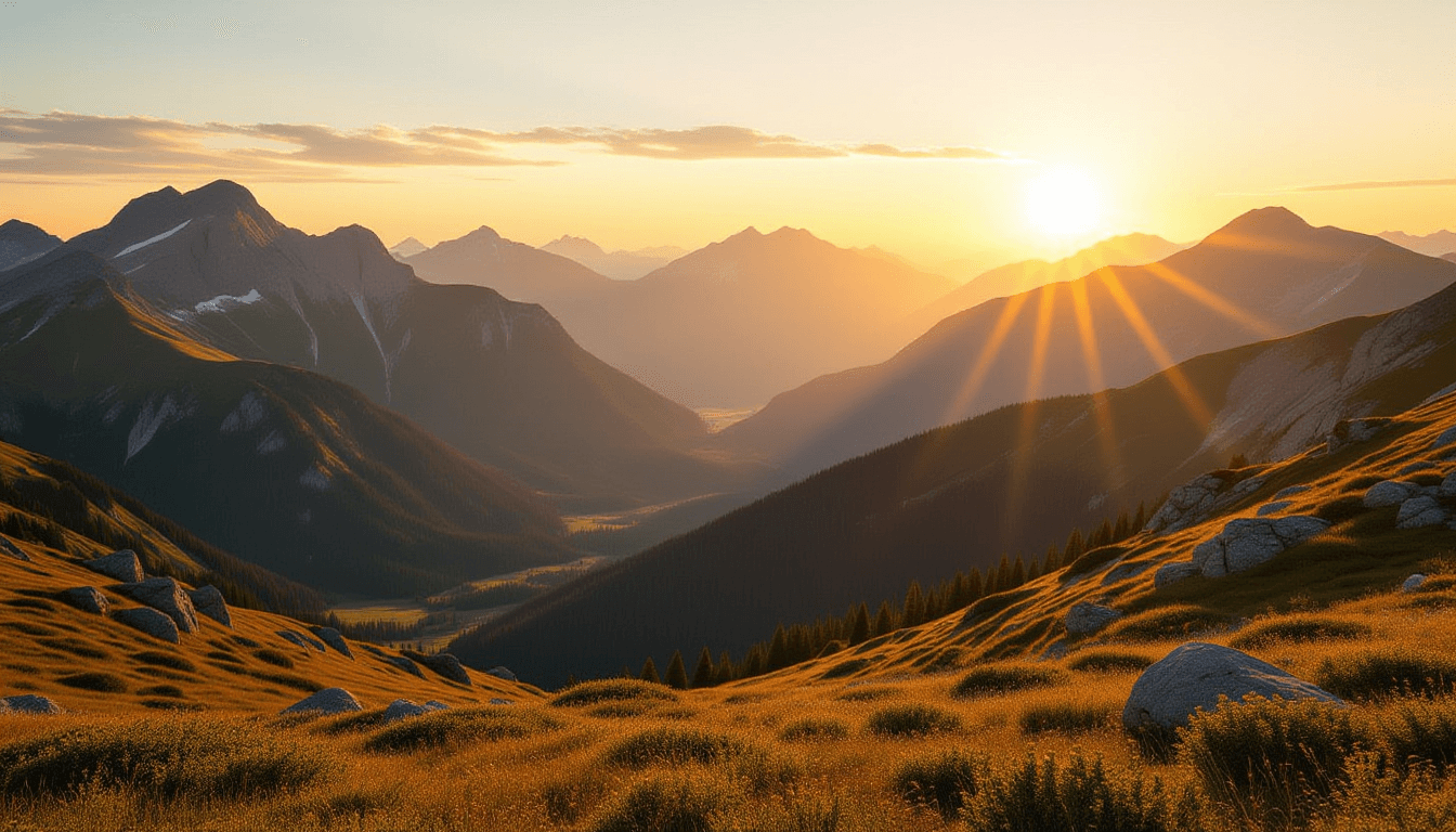 A golden hour light cascades over a vast, undulating mountain valley, emphasizing the immense scale