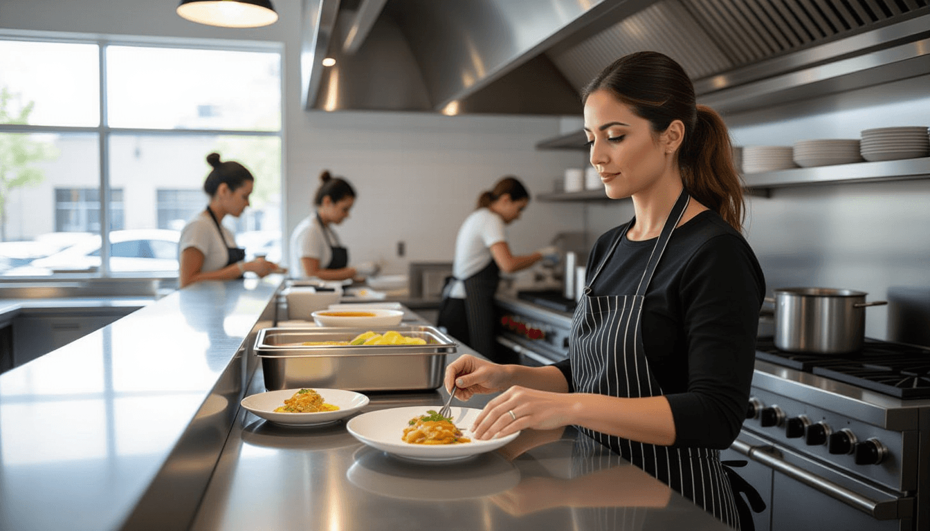A woman in her thirties stands at a stainless-steel pass in a busy kitchen, plating a dish while gla