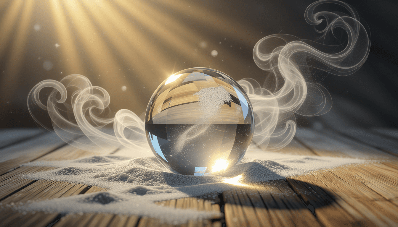 A pristine crystal sphere sits on a table of decaying wood, surrounded by swirling gray dust that is