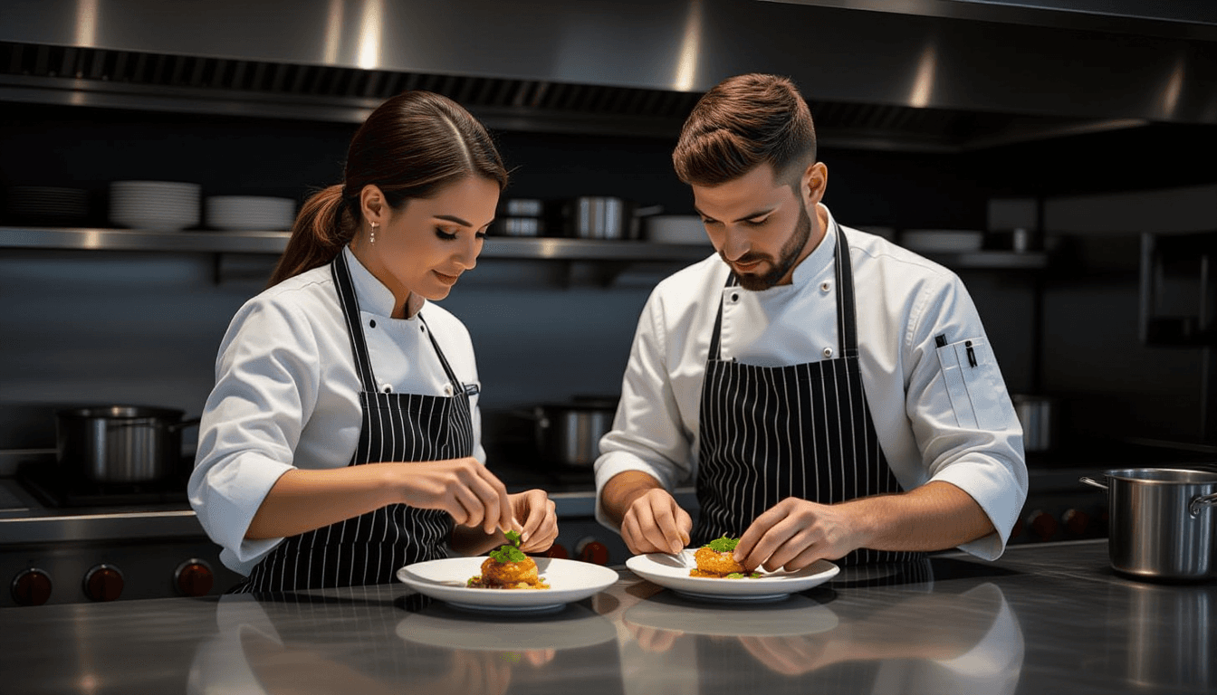 Two coworkers in a busy kitchen, standing side-by-side at the stainless-steel pass. The woman carefu