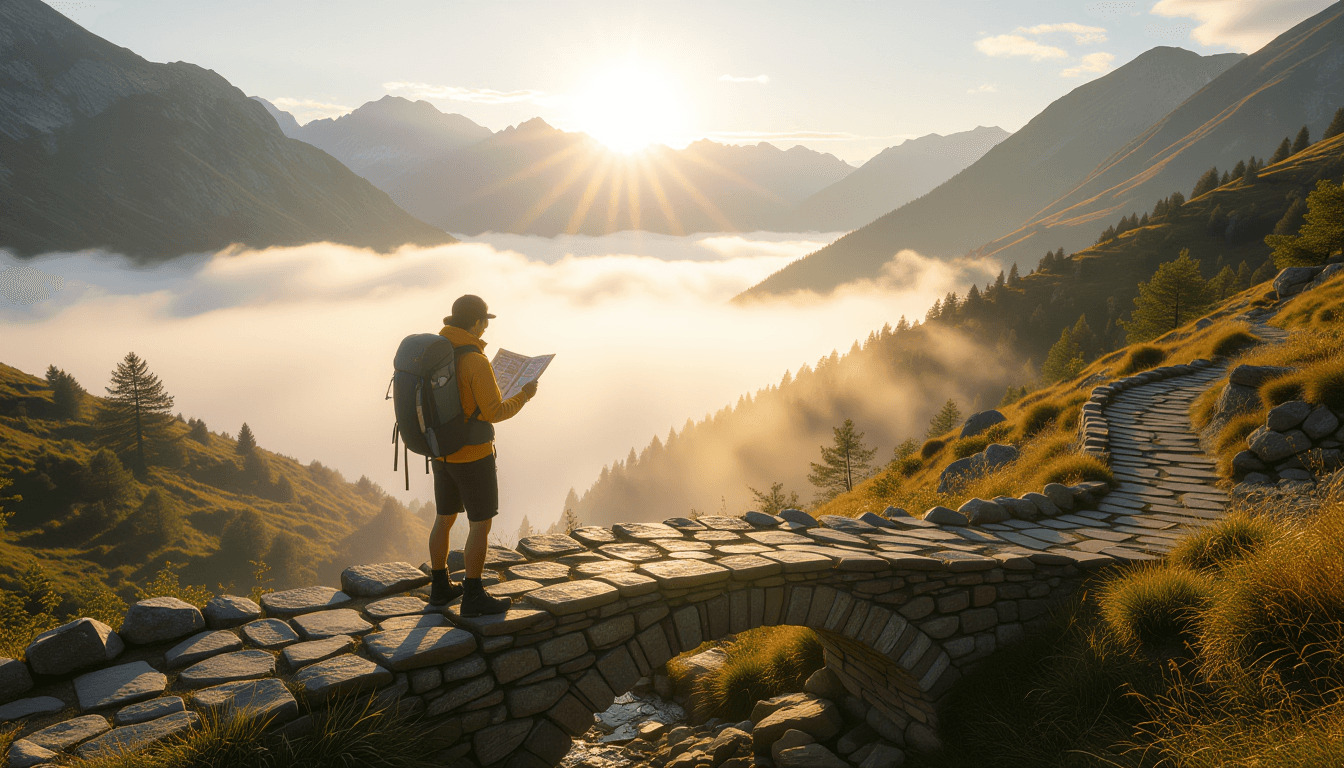 Golden hour light illuminates a rugged hiker pausing on a narrow stone bridge spanning a misty valle