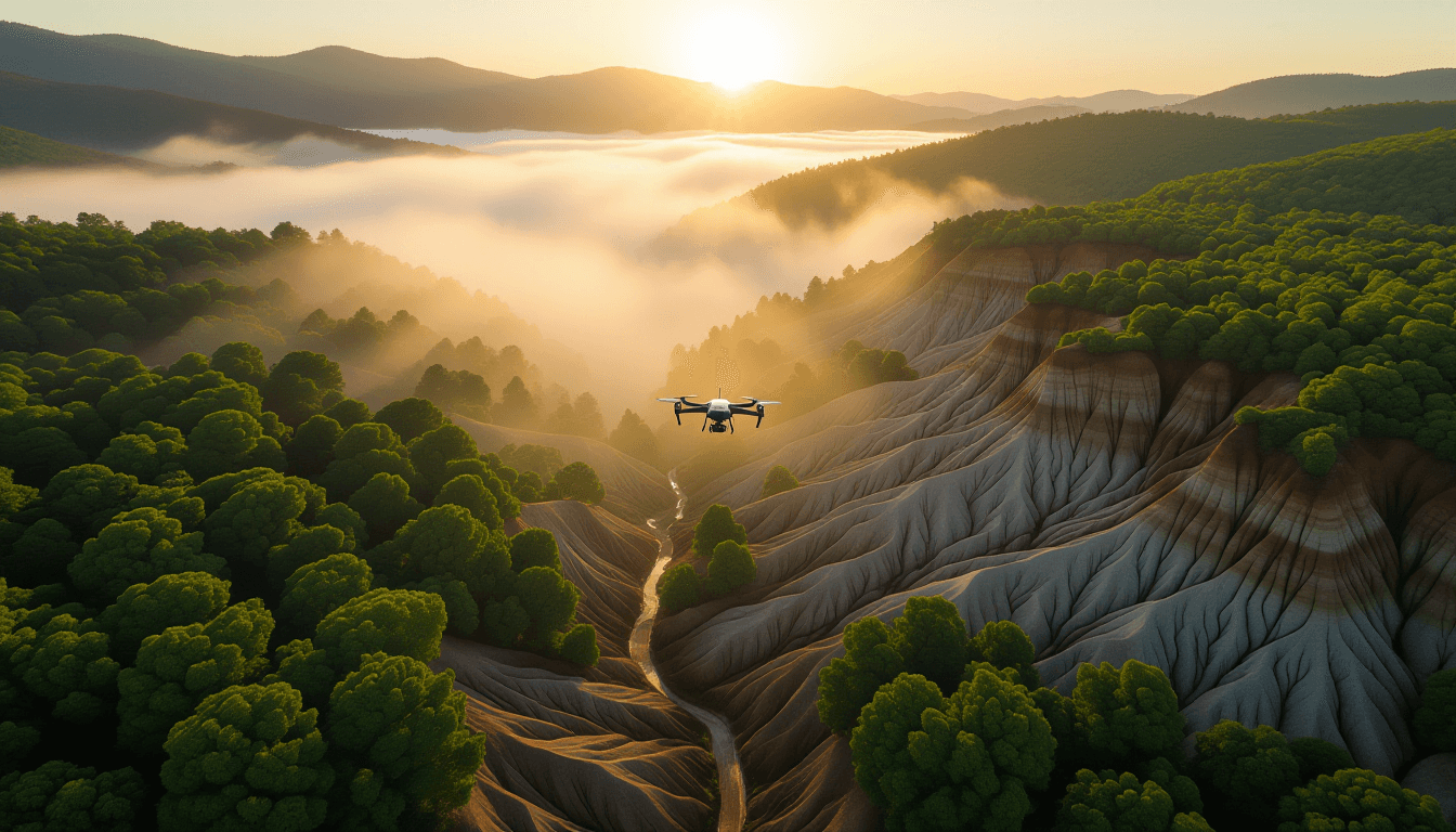 A drone shot captures a stark, mist-shrouded valley where lush green forests abruptly terminate agai