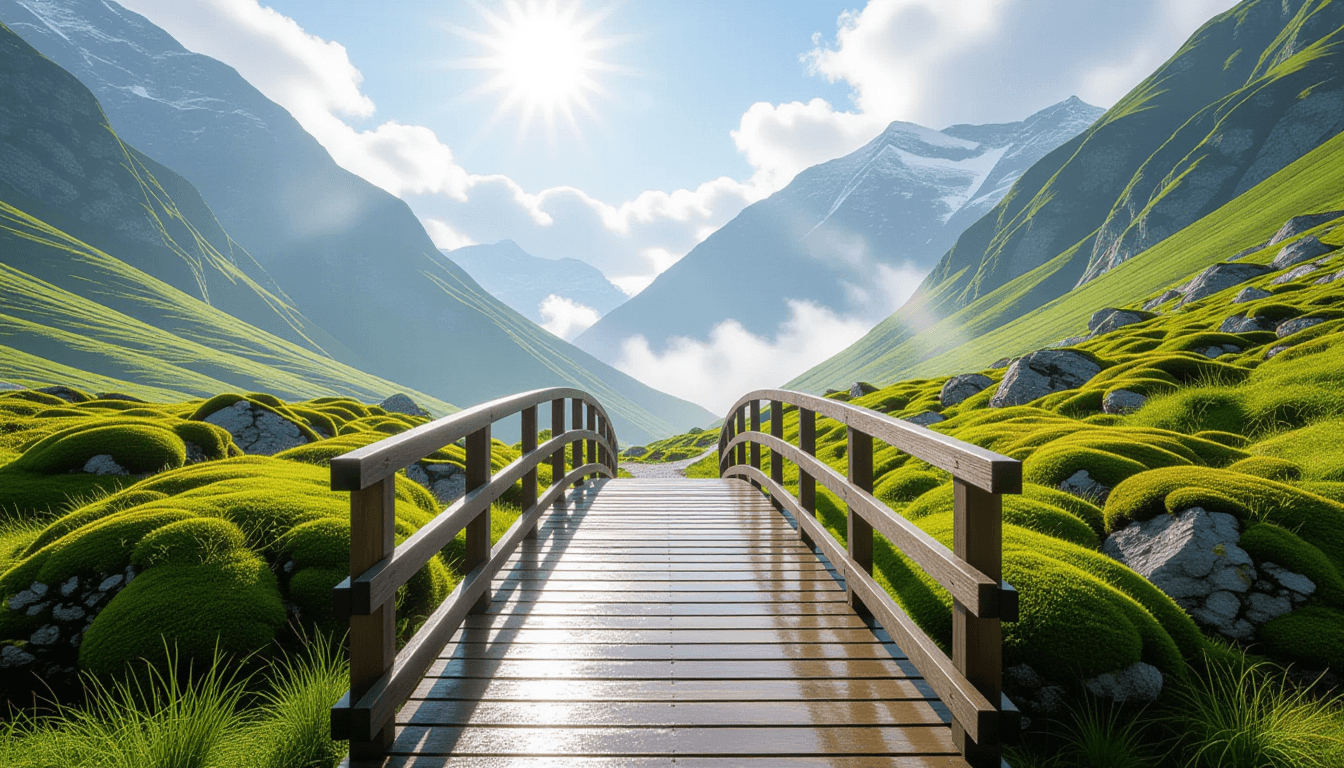 A sunlit wooden bridge spans a mossy chasm, leading toward a mist-shrouded mountain pass under brigh