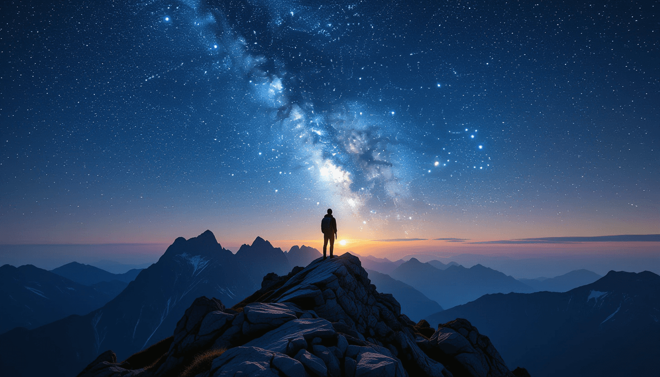 A lone hiker stands on a jagged mountain ridge, silhouetted against a vast, star-filled sky at twili