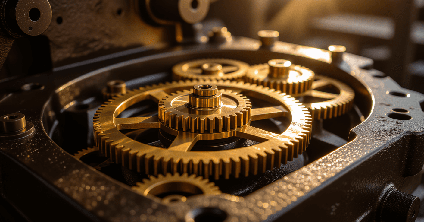 Sunlight catches brass gears turning slowly within an open industrial engine block, shallow depth of
