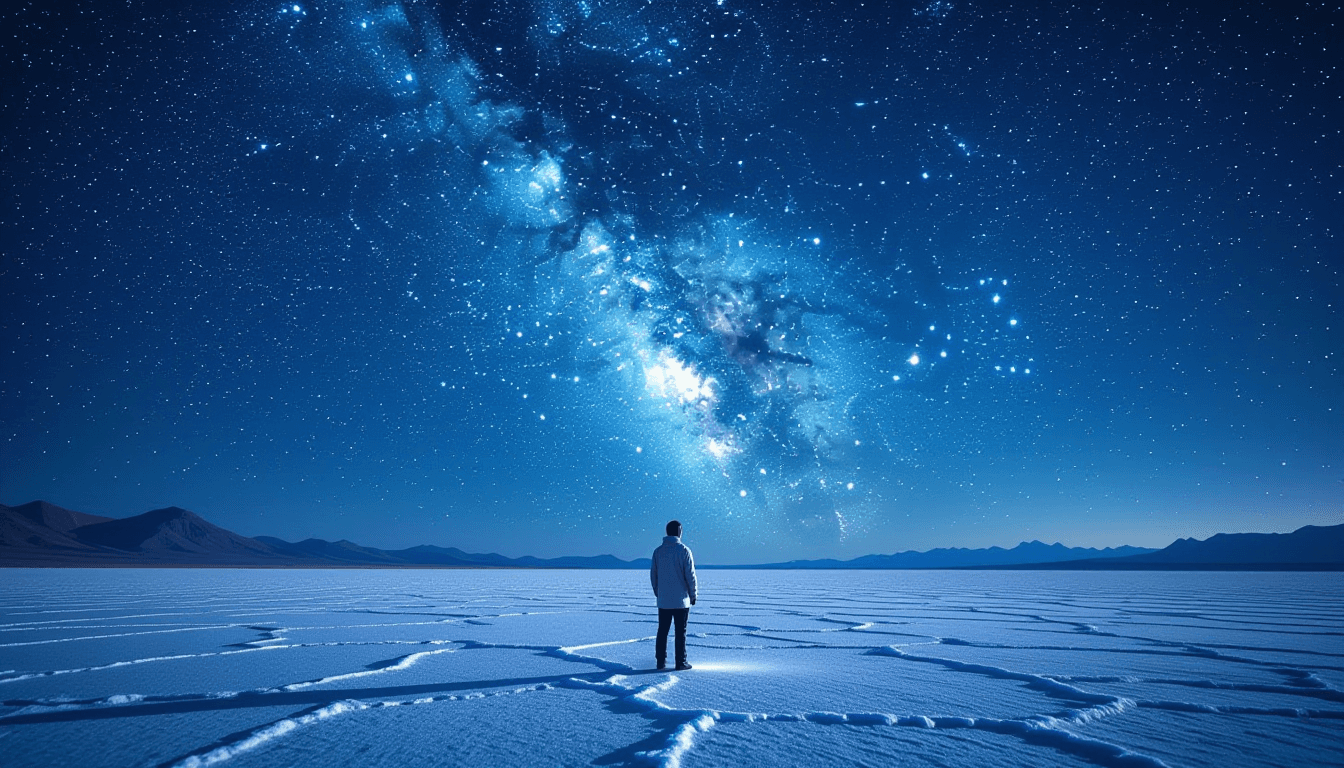 A lone researcher stands on a desolate salt flat at twilight, dwarfed by the Milky Way’s arching con